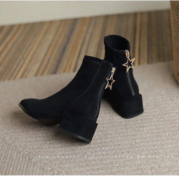 Short boots Skinny new women's autumn and winter velvet thin boots Square head versatile single boots Martin boots Medium heel thick heel boots