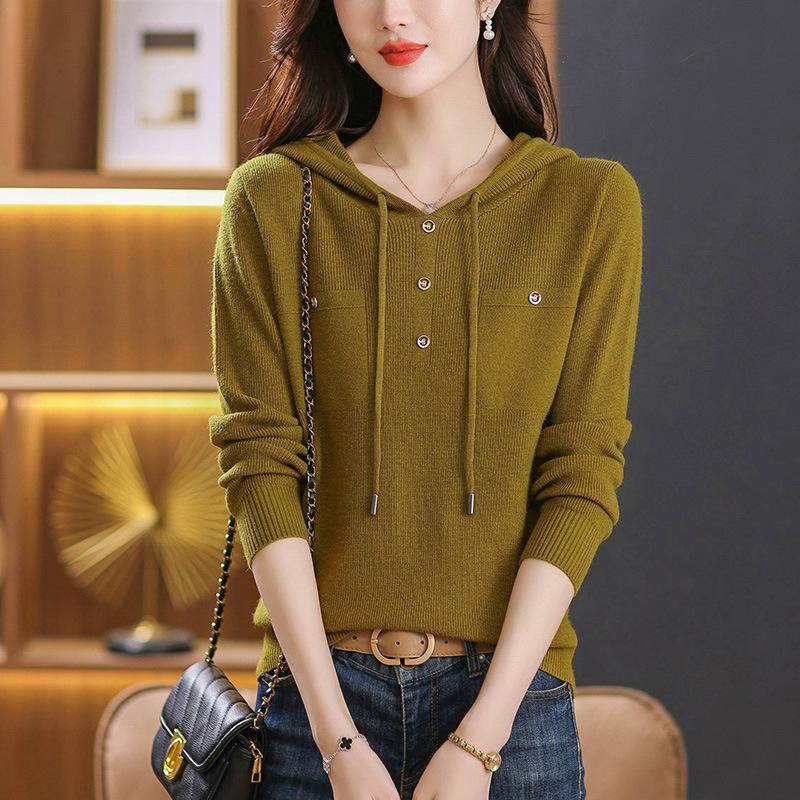 Early autumn new hooded knitted sweater women's loose age-reducing sweater fashion thin bottoming sweater women
