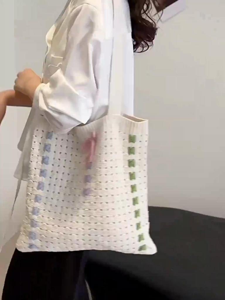 Women Crochet Shoulder Bag Large Capacity Bow Design Aesthetics Handbag Shopper Daily Shoulder Bag Casual Commuting Bag AVE