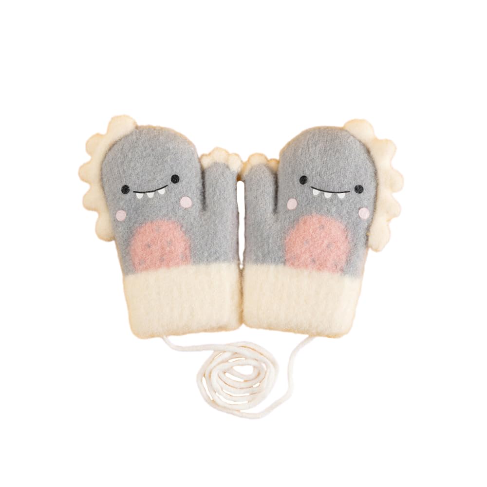 Winter Dinosaur Design Cute Animal Warm Fleece Thick Knit Gloves for Babies [fyetemon] Kids' Gloves, Print, Lining, (Gray)