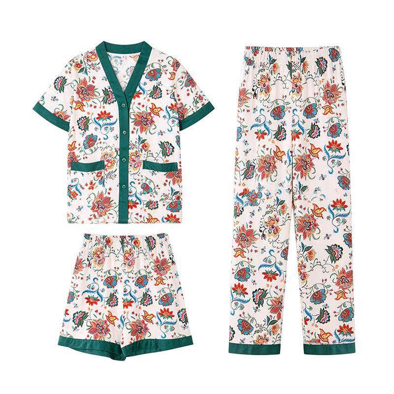 Women's Floral Ice Silk Pajama Set - Loose Short Sleeve & Shorts, 3-Piece Summer Loungewear