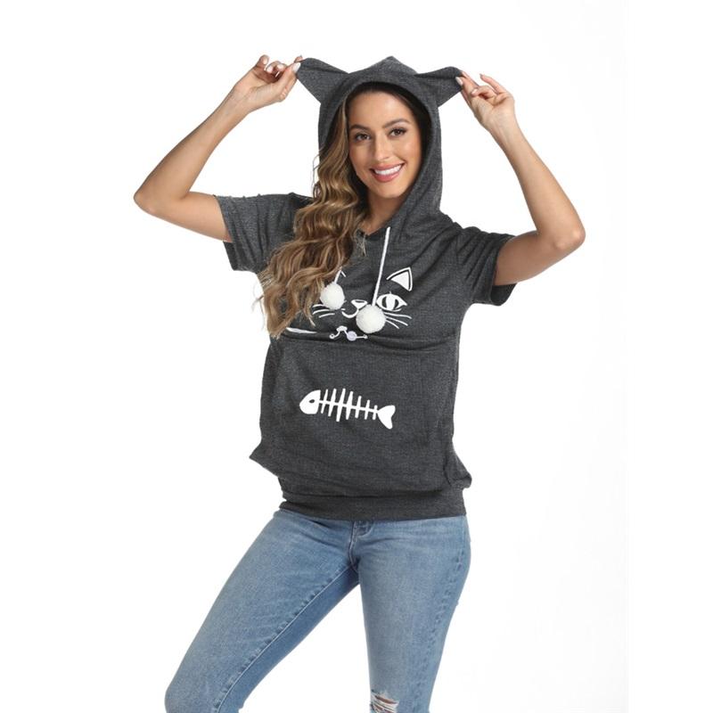 Women's summer cat face fish bone print loose large pocket short-sleeved hooded T-shirt