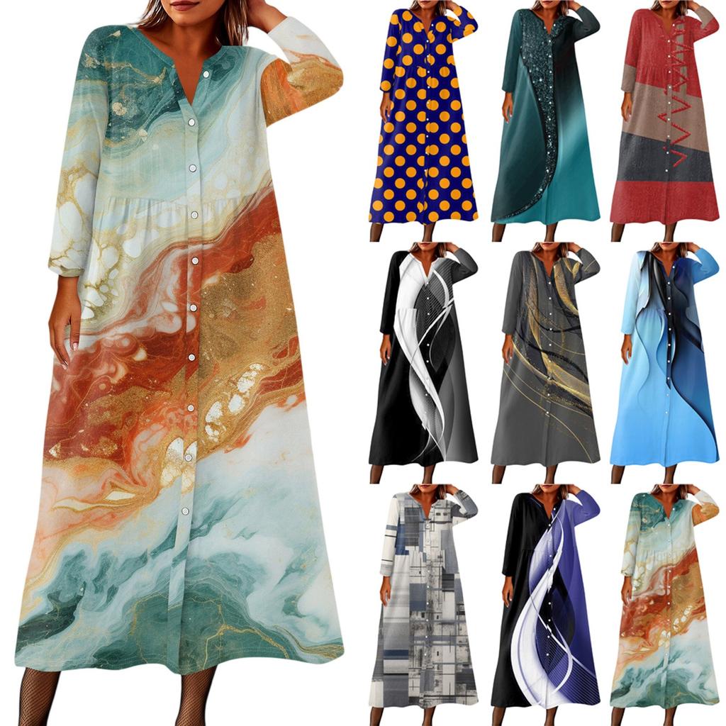 Women's Fashionable Printed Round Neck Seven Quarter Sleeve Button Loose Shirt Dress