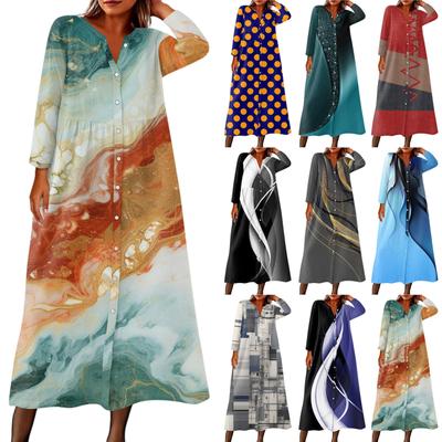 Women's Fashionable Printed Round Neck Seven Quarter Sleeve Button Loose Shirt Dress