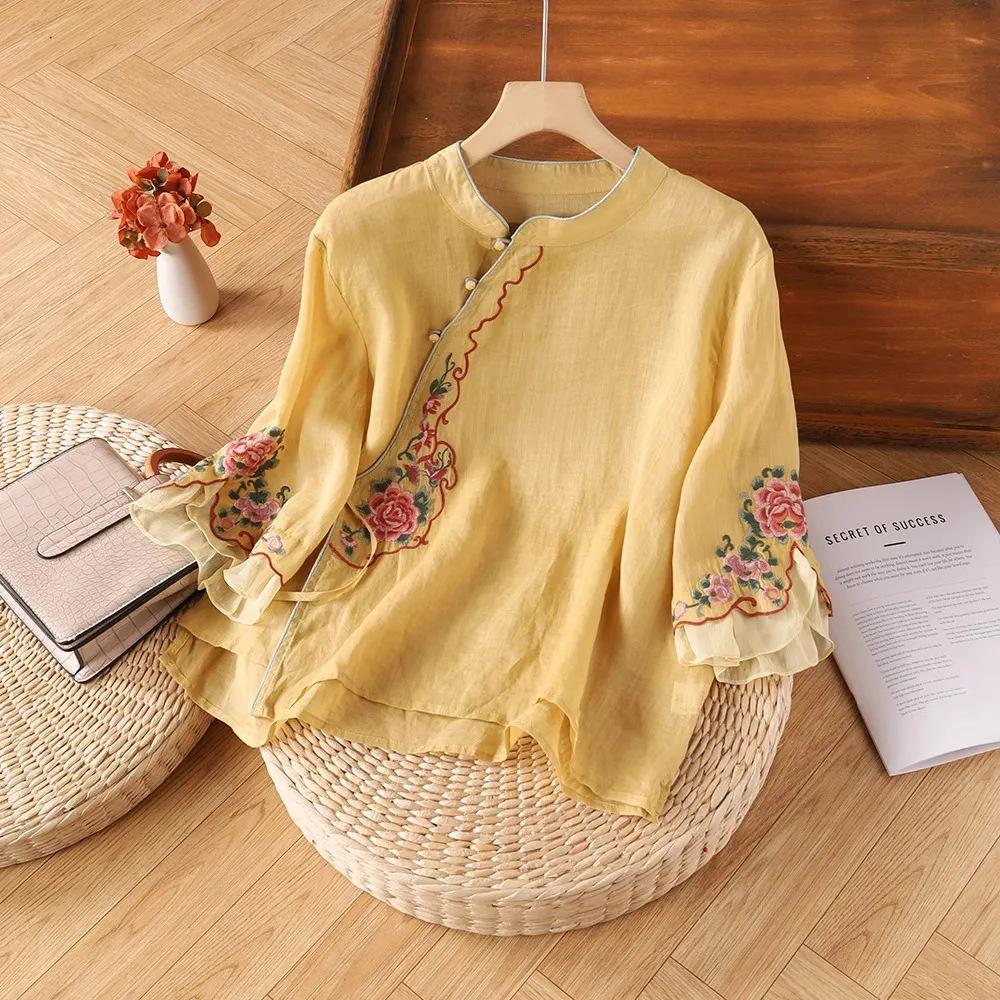 Women's Ethnic Embroidered Cotton-Linen Shirt, Oblique Collar, 3/4 Sleeves, Retro Literary Summer Tea Dress.