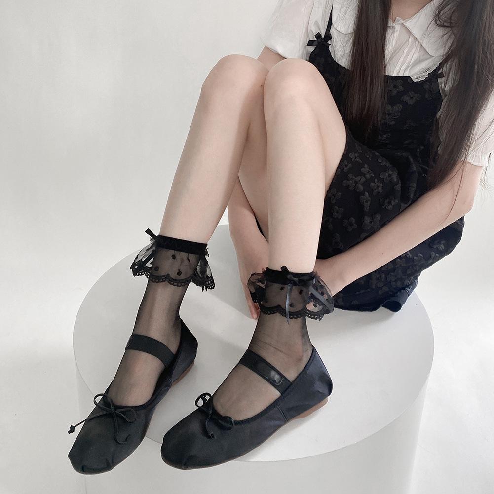 Women's Summer Lace-Trim Bow Mesh Socks - Mid-Calf, Breathable Glass Silk