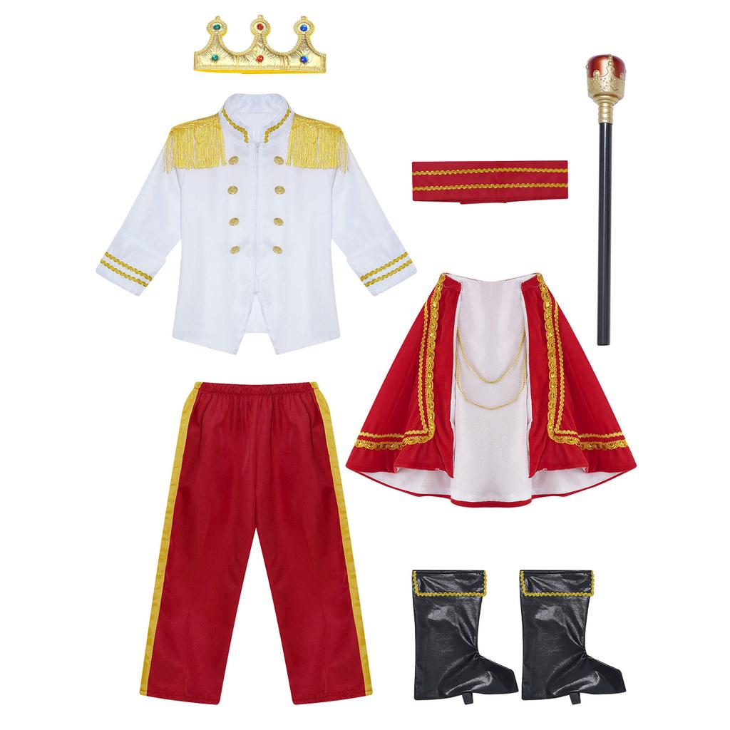 Jungen Prinz König Cosplay Kostüm Komplettset Krone Zepter Reißverschluss Jacke Umhang Hose Schuhe Halloween