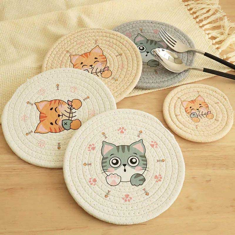 Nadruk kreskówkowy Cat Coaster Bawełniana podkładka Podkładka izolacyjna Zagęszczony ręcznie tkany Coaster Round Coaster