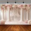 1pc floral elegant wedding background, romantic pink roses and elegant white columns, polyester wedding decorations