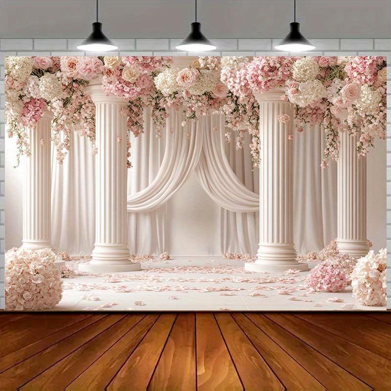 1pc floral elegant wedding background, romantic pink roses and elegant white columns, polyester wedding decorations
