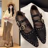 European and American Retro Pointed Flat Bottom Inner Height Increase Soft Leather Mary Jane Shoes Women's Brown Rivets One Word with Shallow Mouth S