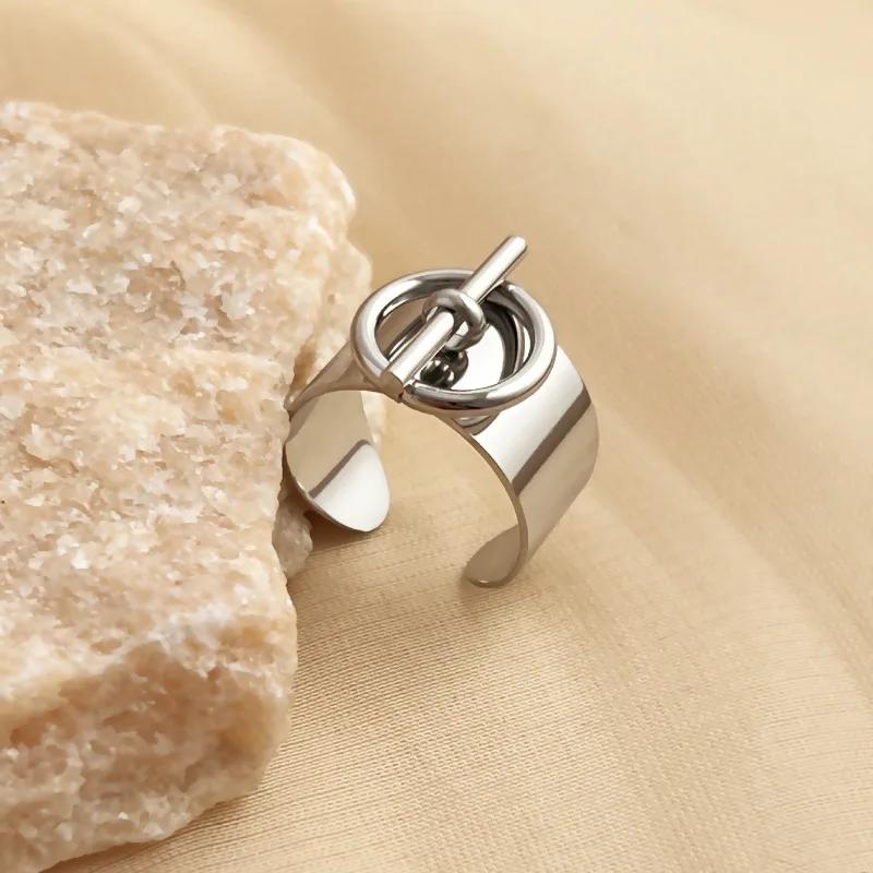 

OT Buckle Ring for Women Geometric Chain Stainless Steel Wide Finger Rings Opening Adjustable Hip Hop Jewelry Party Girls Gifts resizable