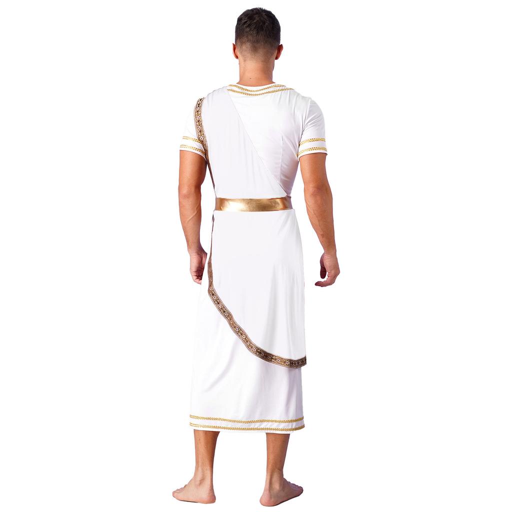 Mens Halloween Ancient Greek Toga Costume Short Sleeve Retro Gold Decoration Cosplay Roman Robe