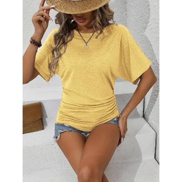 2026 Women's Casual Fashion Solid Color Pleated Round Neck Short Sleeve Slim Fit Summer T-Shirt Top