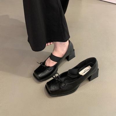 Sheepskin Version Square Head Bow with Mary Jane Shoes Thick Heel Ballet Single Shoes Retro One-pedal Small Leather Shoes