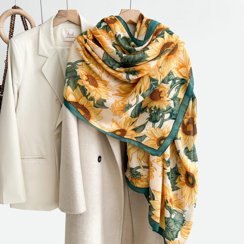

Женский шарф с цветочным принтом «Подсолнухи», шаль, накидка, легкий, на ощупь напоминает кашемир, большие шарфы 66*178cm чёрный