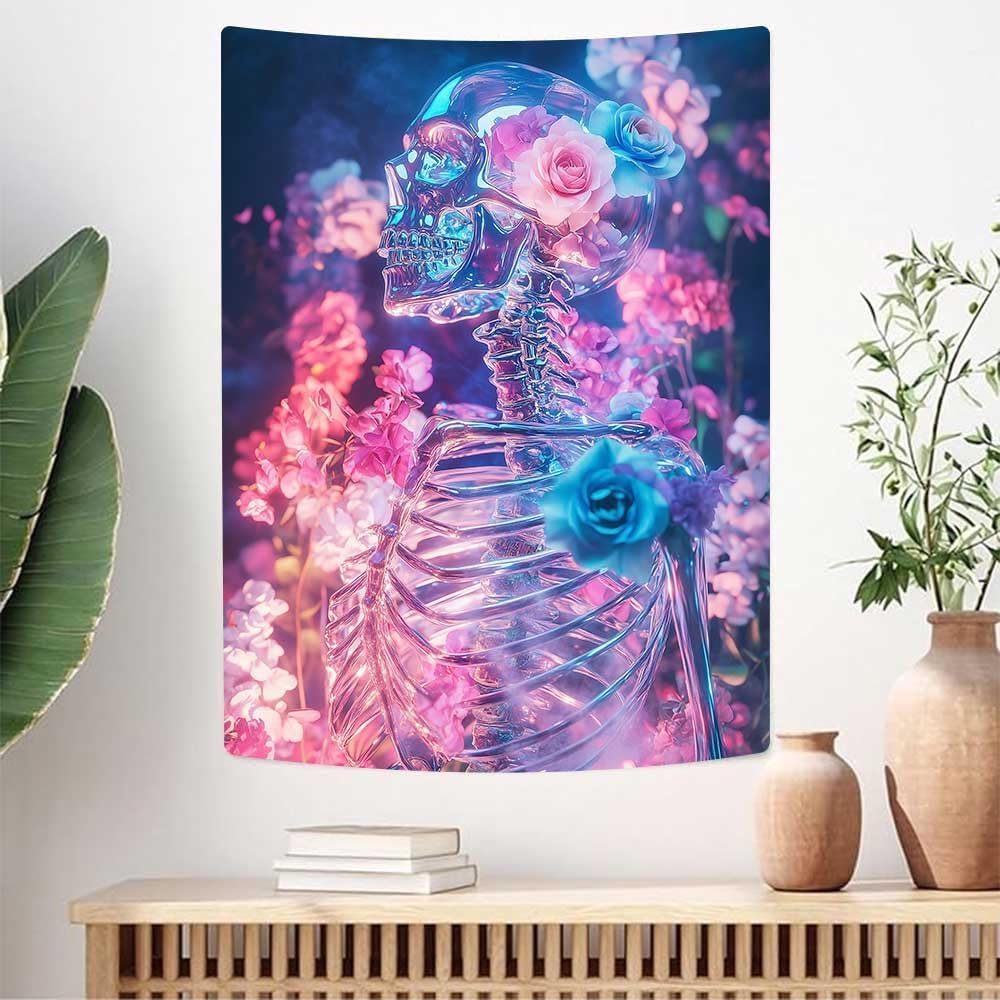 Death Aesthetic Tapestries Rose Skull Wall Art Aesthetic Skull Tapestries Vertical Tapestry for Bedroom Living Room Dorm Decor