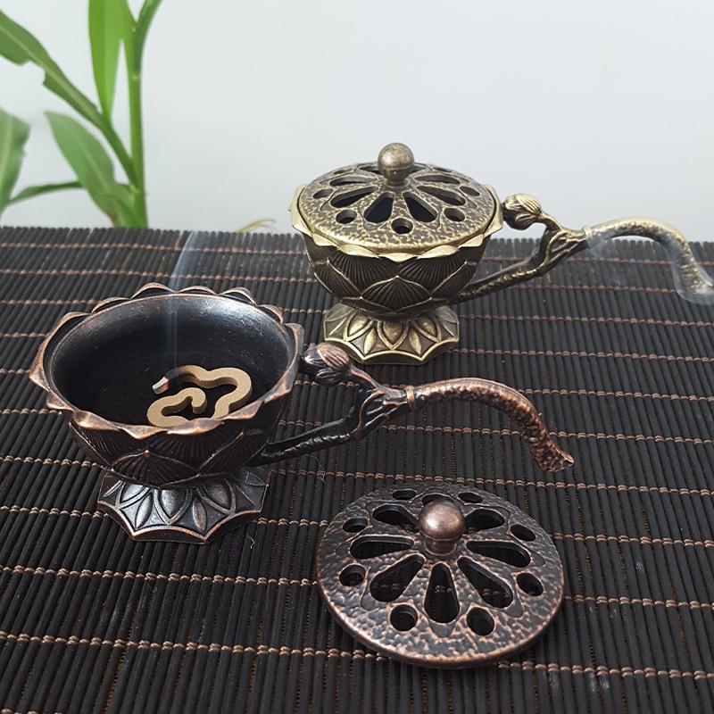 Lotus Flower Incense Burner With Handle Retro Lotus Hollow Out Incense Stick Burner Small Metal Craft Home Decor