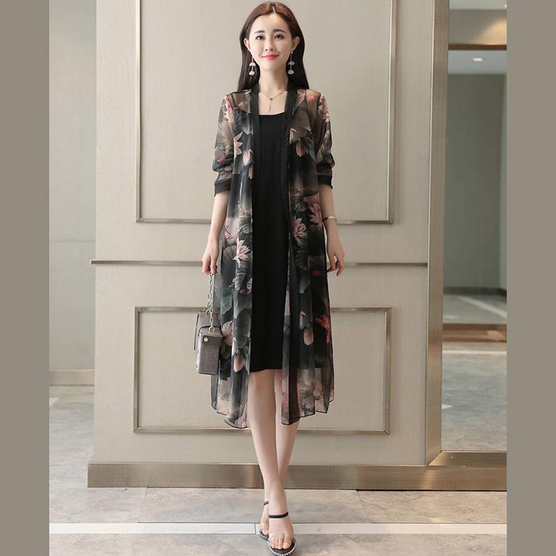 1 Piece of Chiffon Cardigan Mid-length Sunscreen Female Loose Casual Large Size Shawl Printed Air Conditioning Beach
