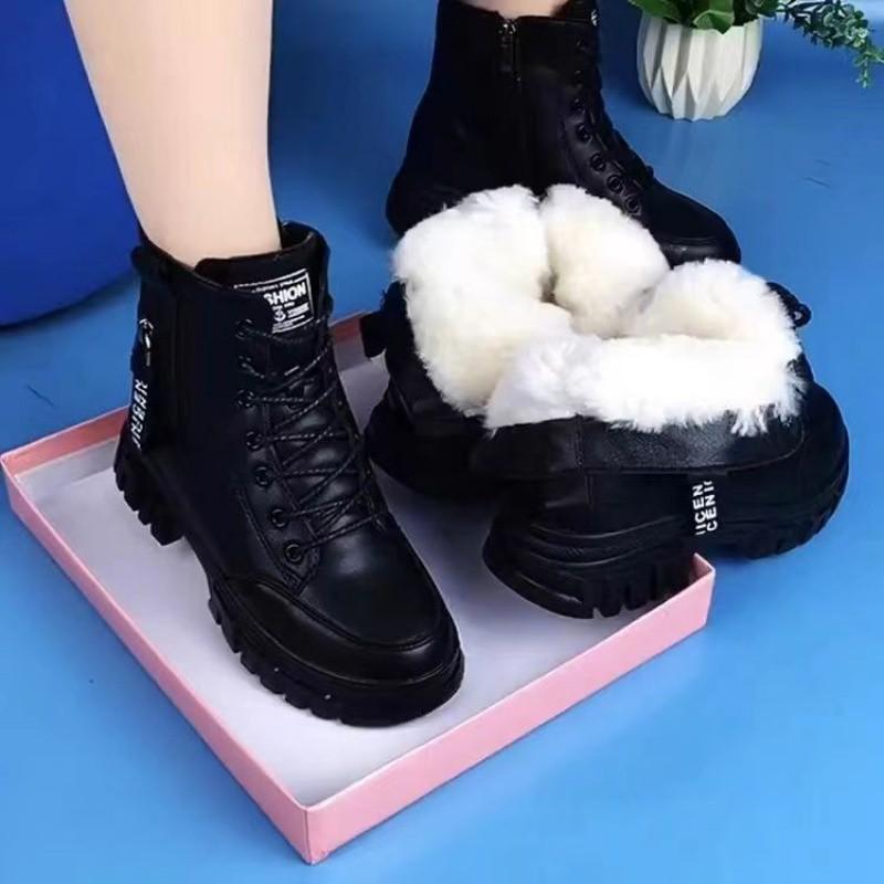 Thick-soled Martin Boots Women's Spring and Autumn Height Increase Real Soft Leather Short Boots Winter Velvet Cotton Shoes Leather Snow Boots