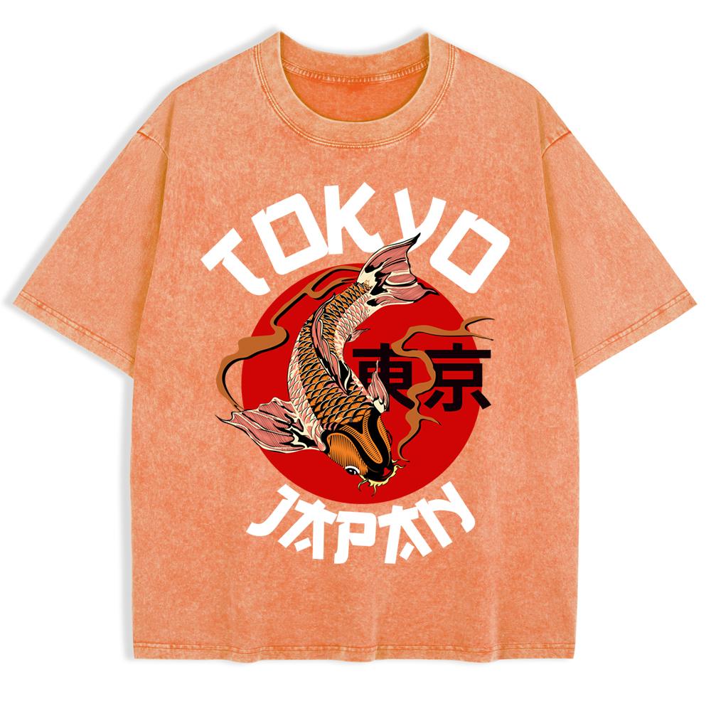 Tokyo Japan Koi Fish Printing Washed T-Shirts Mens Cotton Oversized T Shirt Summer Short Sleeve Tops O-Neck Men Clothes