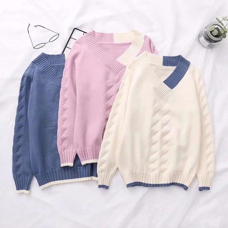 Knitted Sweater Female Long-sleeved Color Matching V-neck Sweater Women Pullover Spring