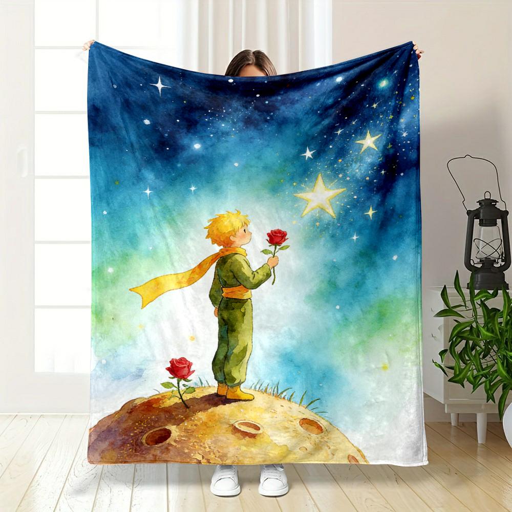 Little Prince Holding Rose on Starry Planet Flannel blanket for bedroom, living room, sofa, and nap sofas.
