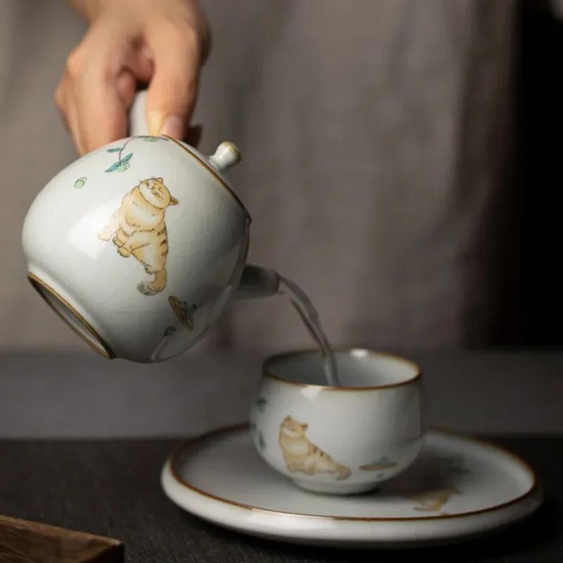 230ml Chinese Ru Kiln Side Handle Teapots Handmade Cute Cat Pattern Ceramic Kettle Travel Portable Filter Tea Pot Home Tea Set