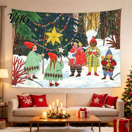Festive Home Decor Tapestry Christmas Tapestry, Winter Snow Scene Backdrop, Xmas Tree Fireplace Decorative Fabric for Wall Hanging Bedroom Living Room