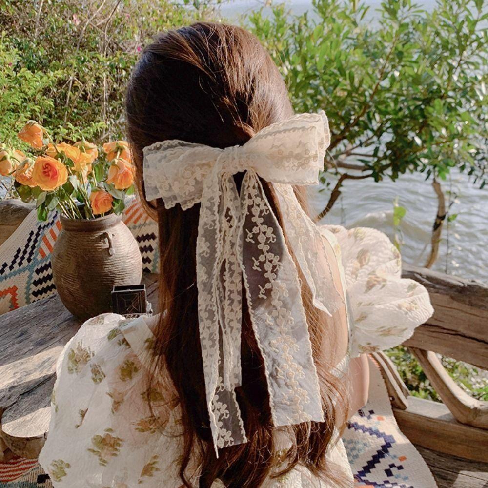 Large Lace Embroidery Hair Clip French Style Women Hairpin Elegant Lace Bow Hair Clip  Headdress