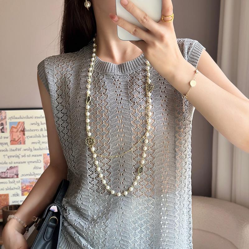 

Women s Summer Round Neck Knit Sleeveless Hollow Vest - Solid Color Loose Camisole Large