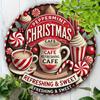 Christmas Cafe Mint Aluminum Brand - 1 piece, 8x8 inch round metal wall art, suitable for holiday decoration, suitable for home