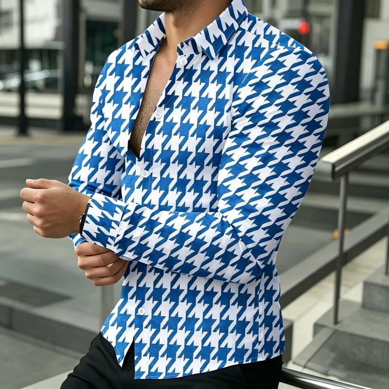 Men's Long Sleeved Shirt, Men's Retro Houndstooth Shirt, Black and White Contrasting Printed Fashionable Casual Men's Top