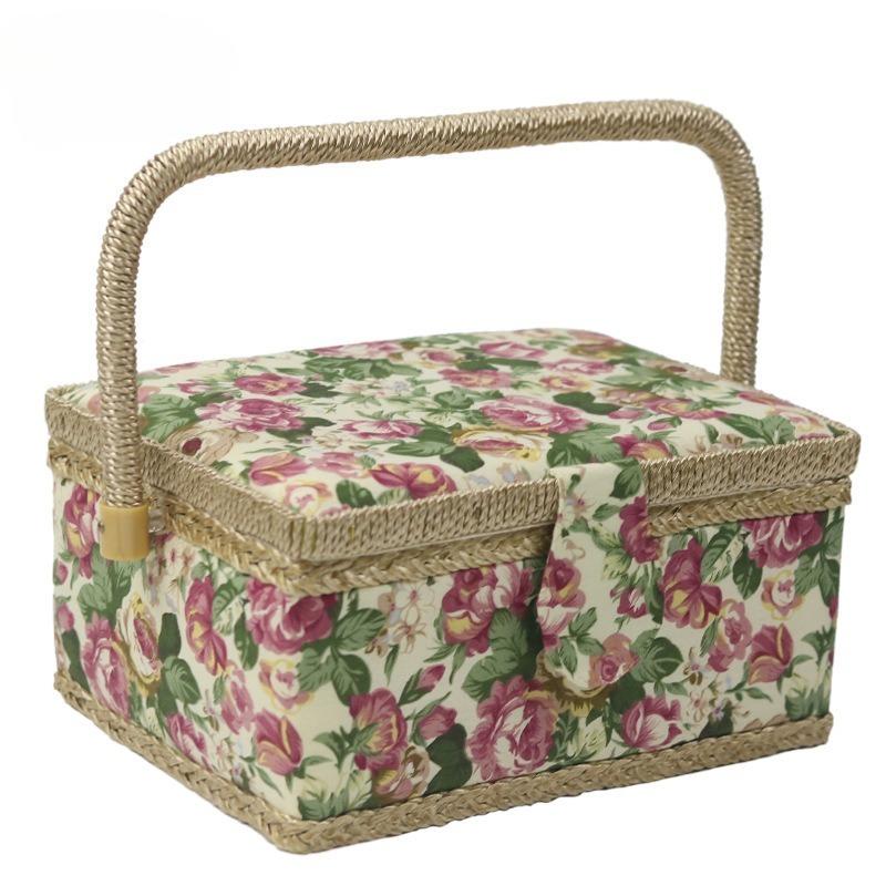 Fabric Home Sewing Box European Style Rose Pattern Needle and Thread Storage Basket Portable Craft Organizer for Daily Use DIY