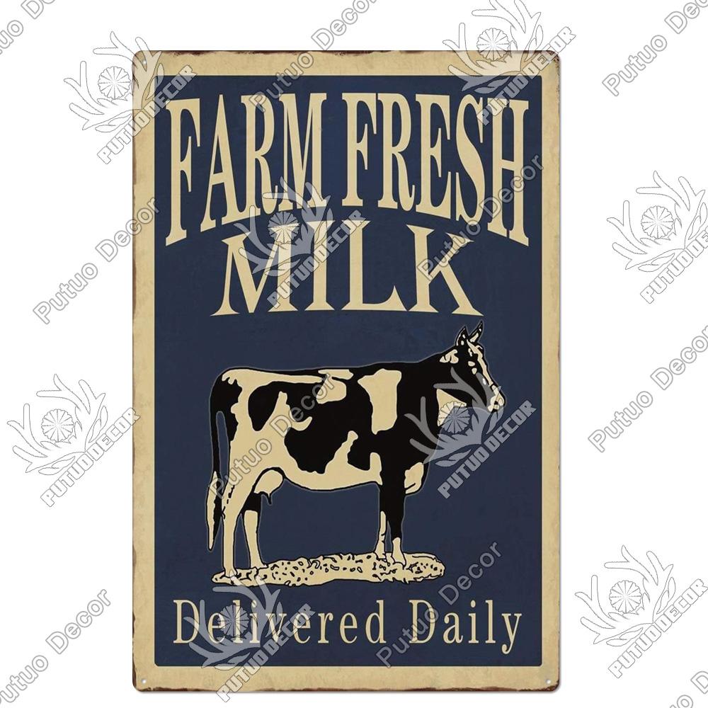 Putuo Decor Farm Tin Sign Milk Vintage Tin Sign Plaque Metal Plate Retro Poster for Farmhouse Cow Pig Wall Stickers Art Decor