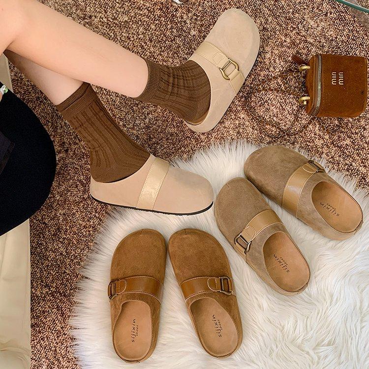 Thick-bottomed Retro Boken Slippers for Women's Outerwear 2025 New Autumn Non-slip Heightening with Skirt Bag Head and Half Slippers Tide