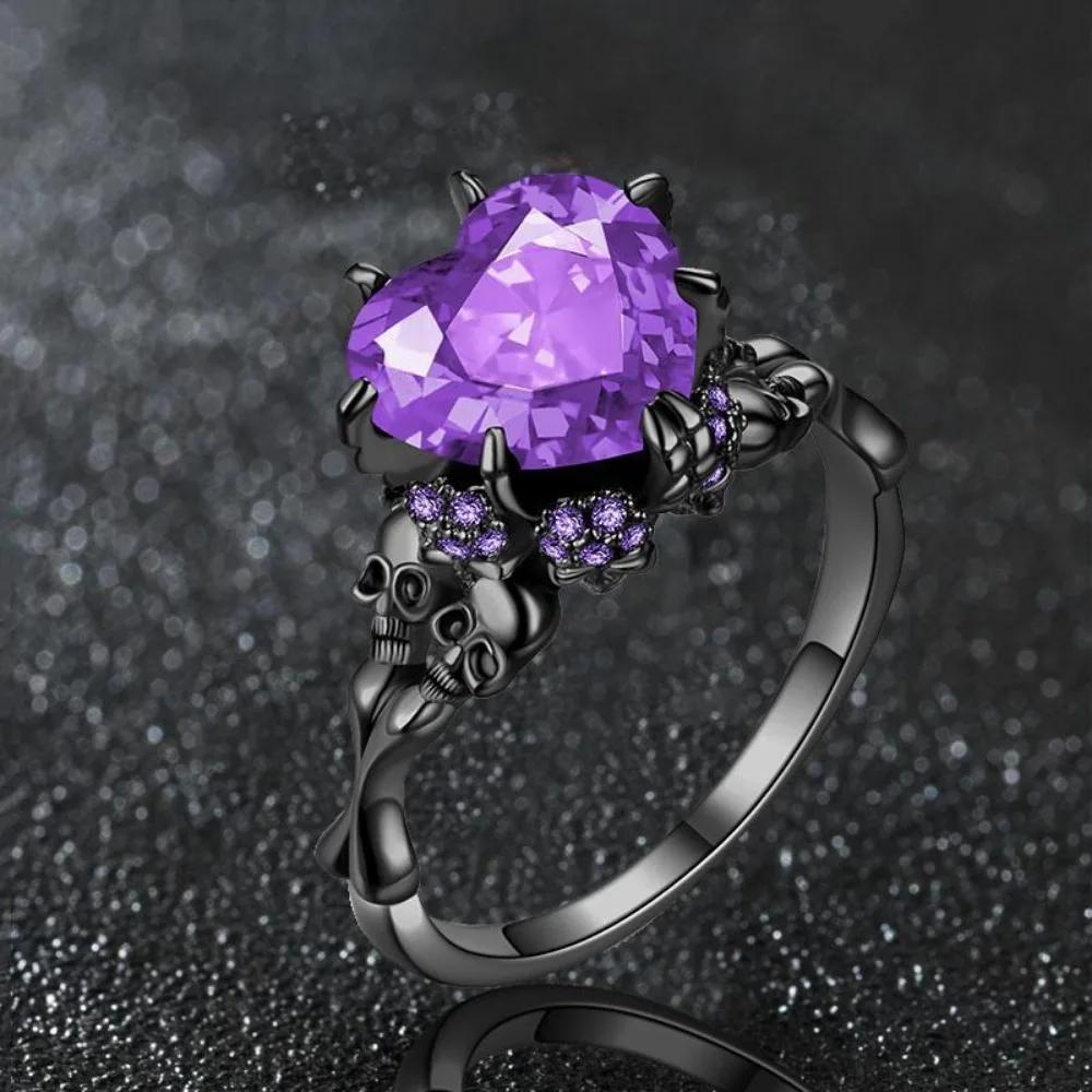 Black Skull Gothic Ring Heart-shape Red Crystal Vampire Double Skull Rings Black for Women Party Wedding Jewelry
