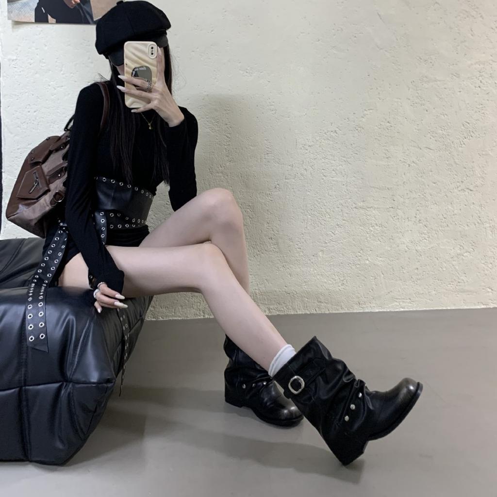 Western cowboy medium boots women's 2025 new pleated trousers short boots polished retro knight boots