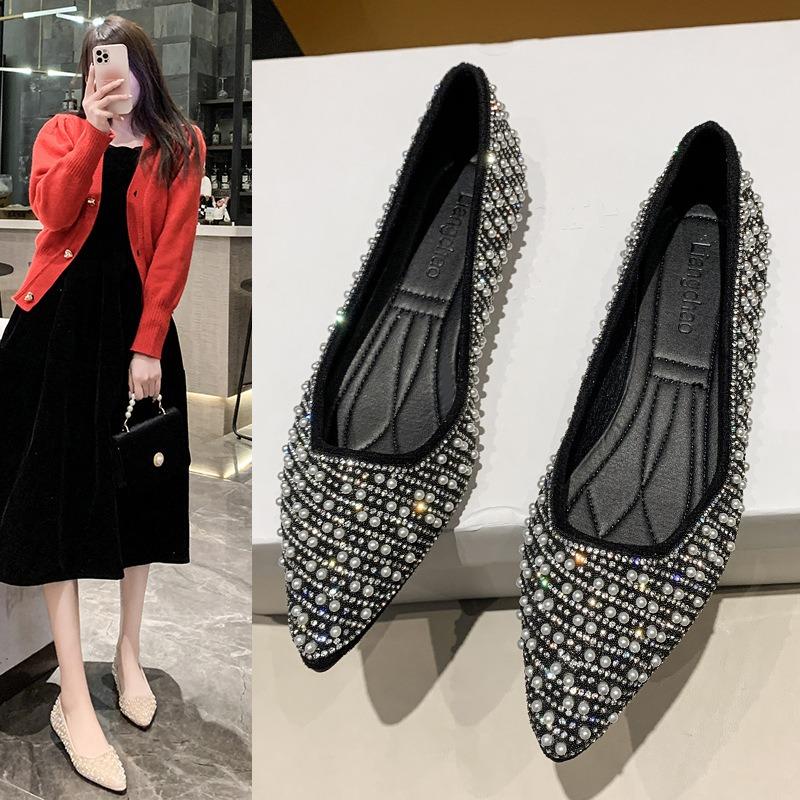 Spring and Summer New Low-heeled Flat-bottomed Pearl Decorative Foot Cover Doudou Single Shoes