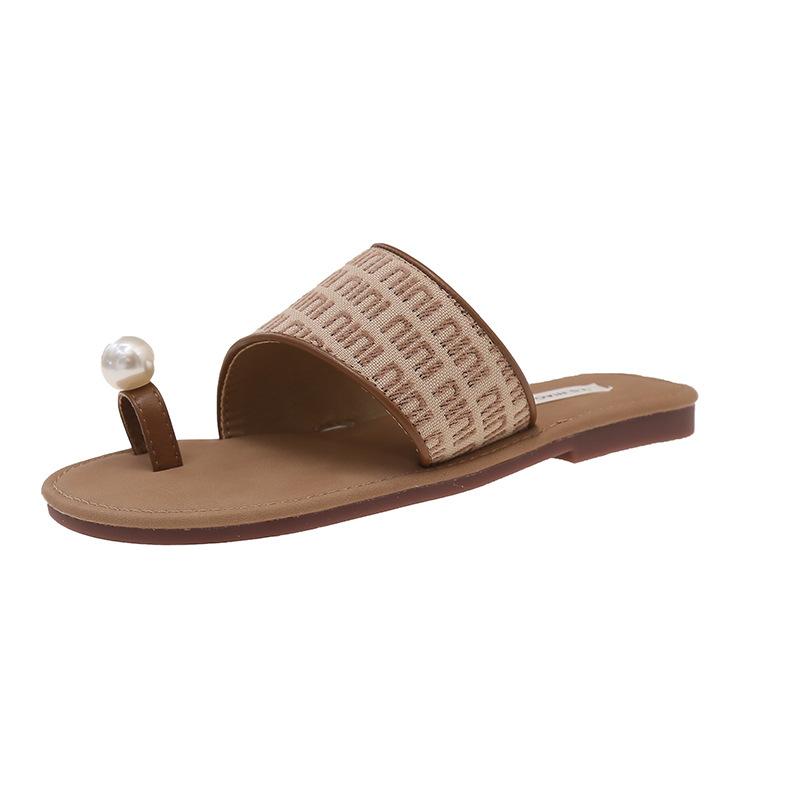 

Fairy wind flat-bottomed set of toe pearl slippers female 2025 summer Korean version new one-word comfortable outer wear cool slippers female 40 хакі