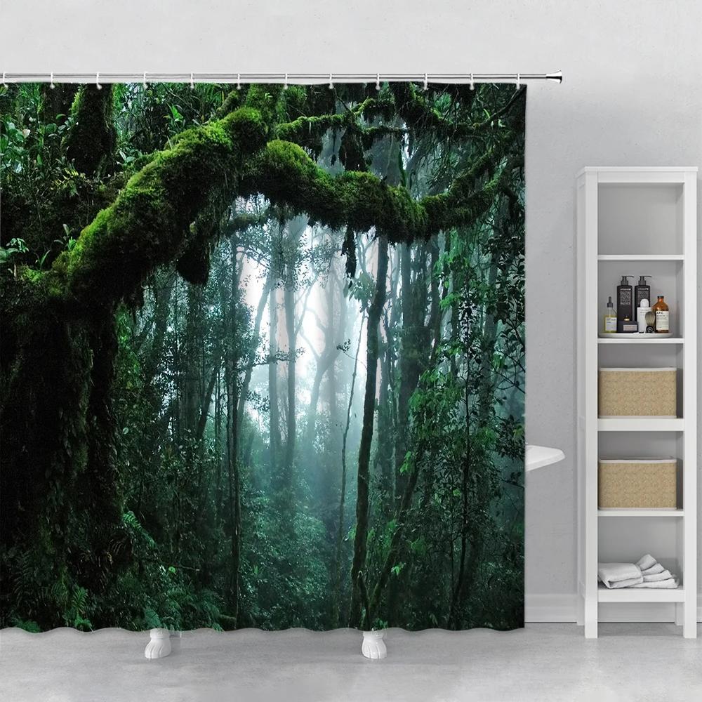Forest Landscape Shower Curtain Sunshine Waterfall Green Bamboo Mist Jungle Autumn Scenery Bathroom Curtains Bathtub Decor Hooks