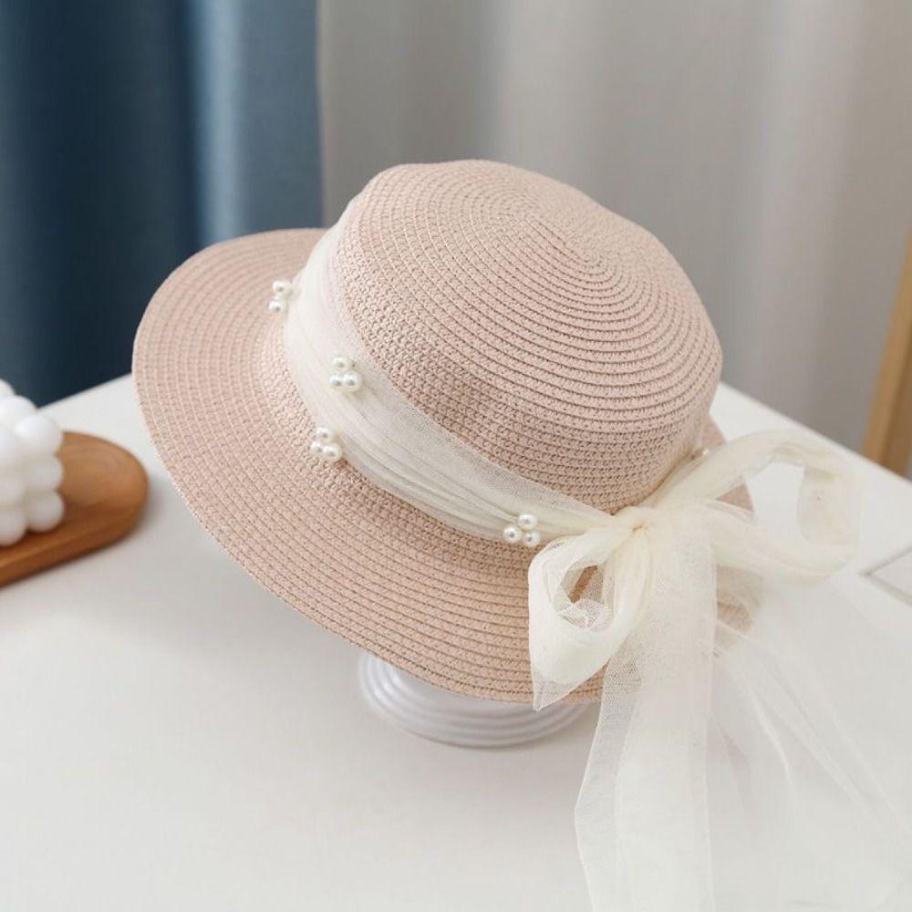 Pastoral Style Summer Straw Hat Pearl UV Protection Cap Foldable Wide Brim Sun Hat  Girls