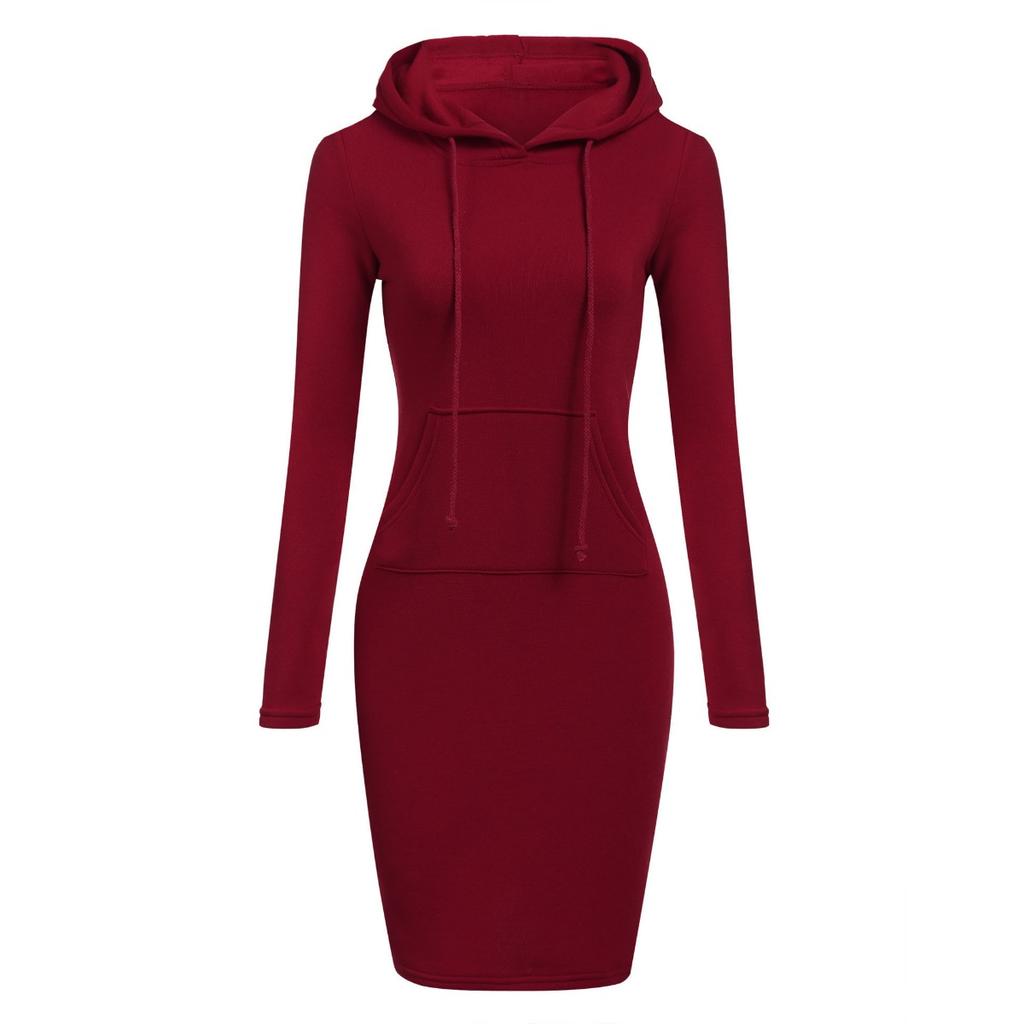 Women's Hooded Neck Long Sleeve Bodycon Midi Dress Solid Color Casual Sweatshirt Dress