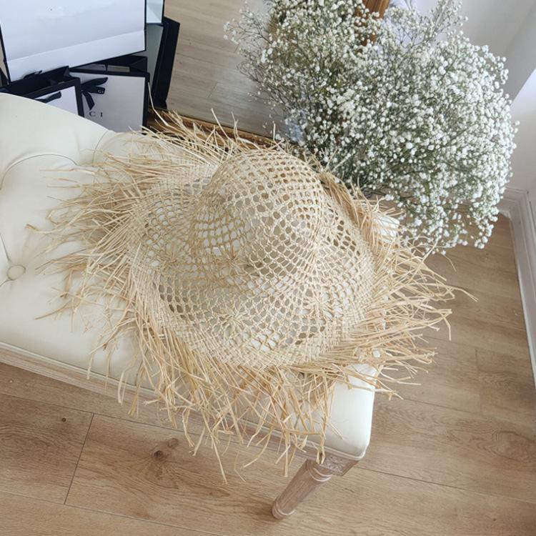 Summer Straw Hat Hollowed Out Women's New Beach Hat Photo Sun Hat Women's Large Eave Casual Solid Color Fringed Lafite Straw Hat