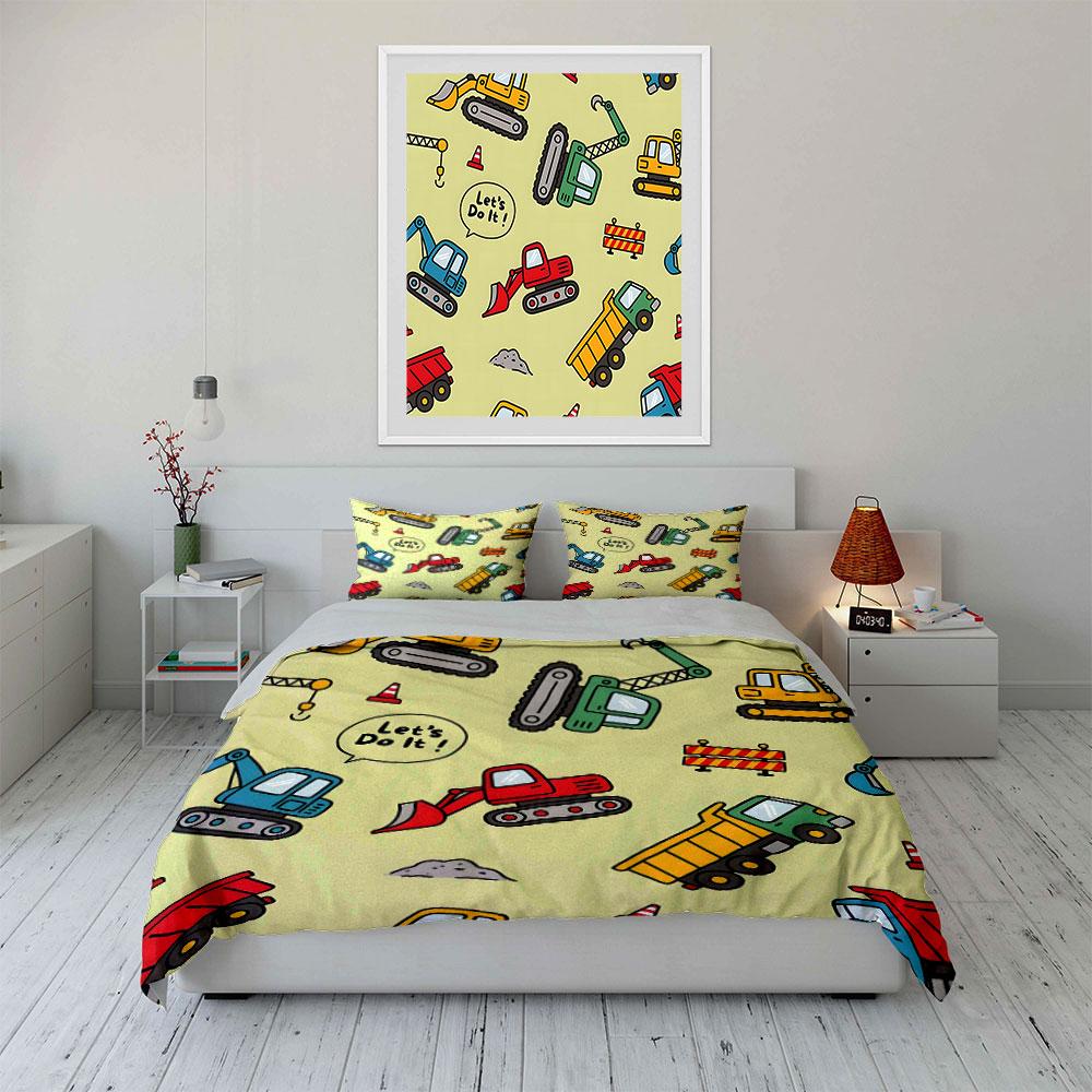 Construction Vehicles and Barriers Pattern Print Bedding Set 1 Duvet Cover 2 Pillowcases for Adult and Children Luxury Gift