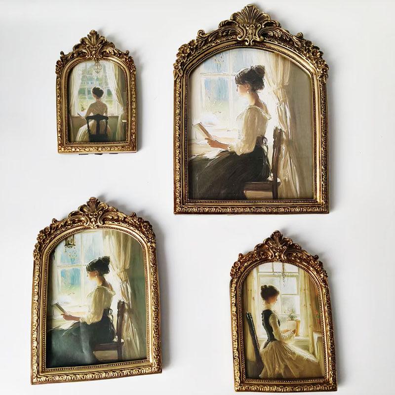 Retro European Gold Resin Photo Frame - Old-Fashioned French Tabletop Holder with Embossed Carved Design 6 inch 12*2*19