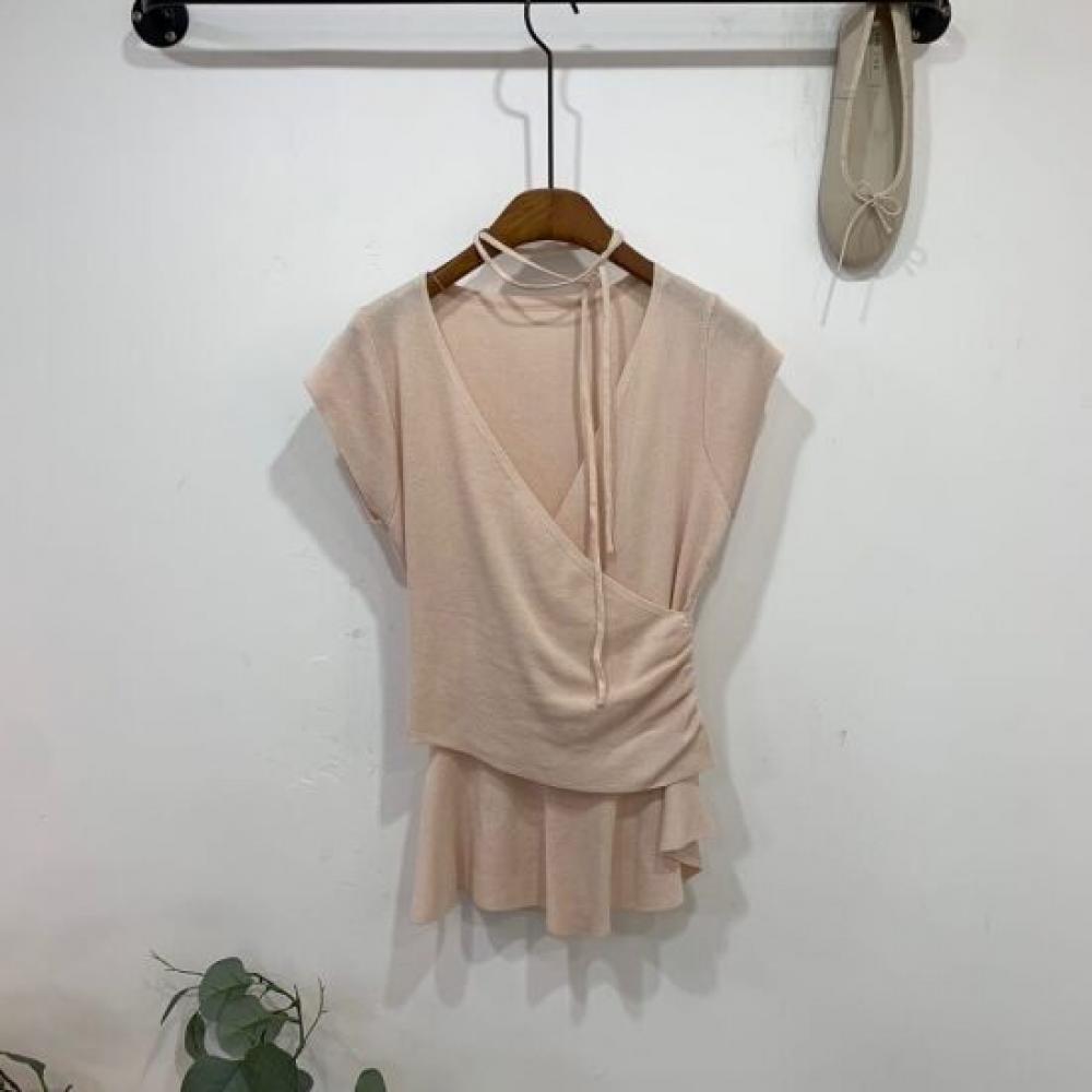 C S In The Room tSuka Strap ShirrIng V neCk Wrap Cap SleeVe Knit 4 ColorS