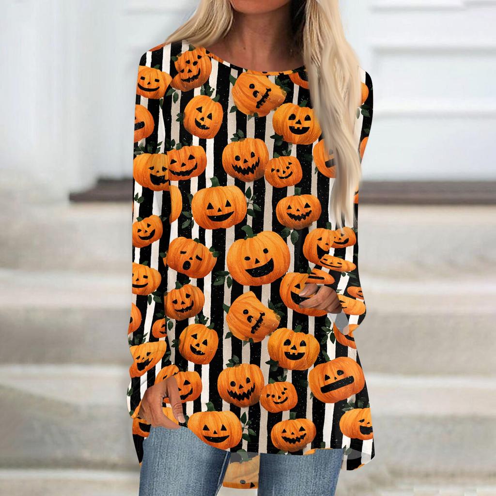 Women's Long Sleeve Halloween Print Tunic T-Shirt Round Neck Casual Top