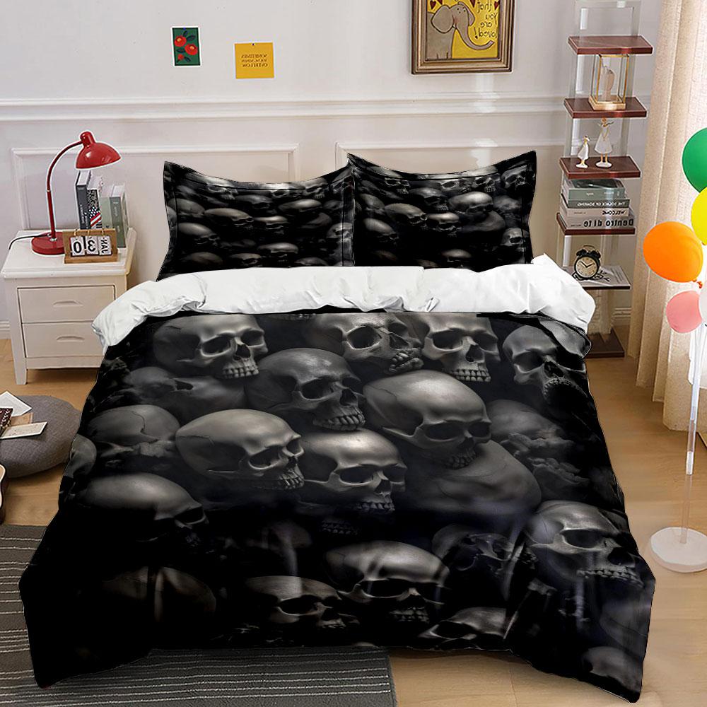 3Pcs Black Skull Bedding Set Pile of Dark Gray Skulls Print Duvet Cover + 2 Pillowcases for Teens Bedroom