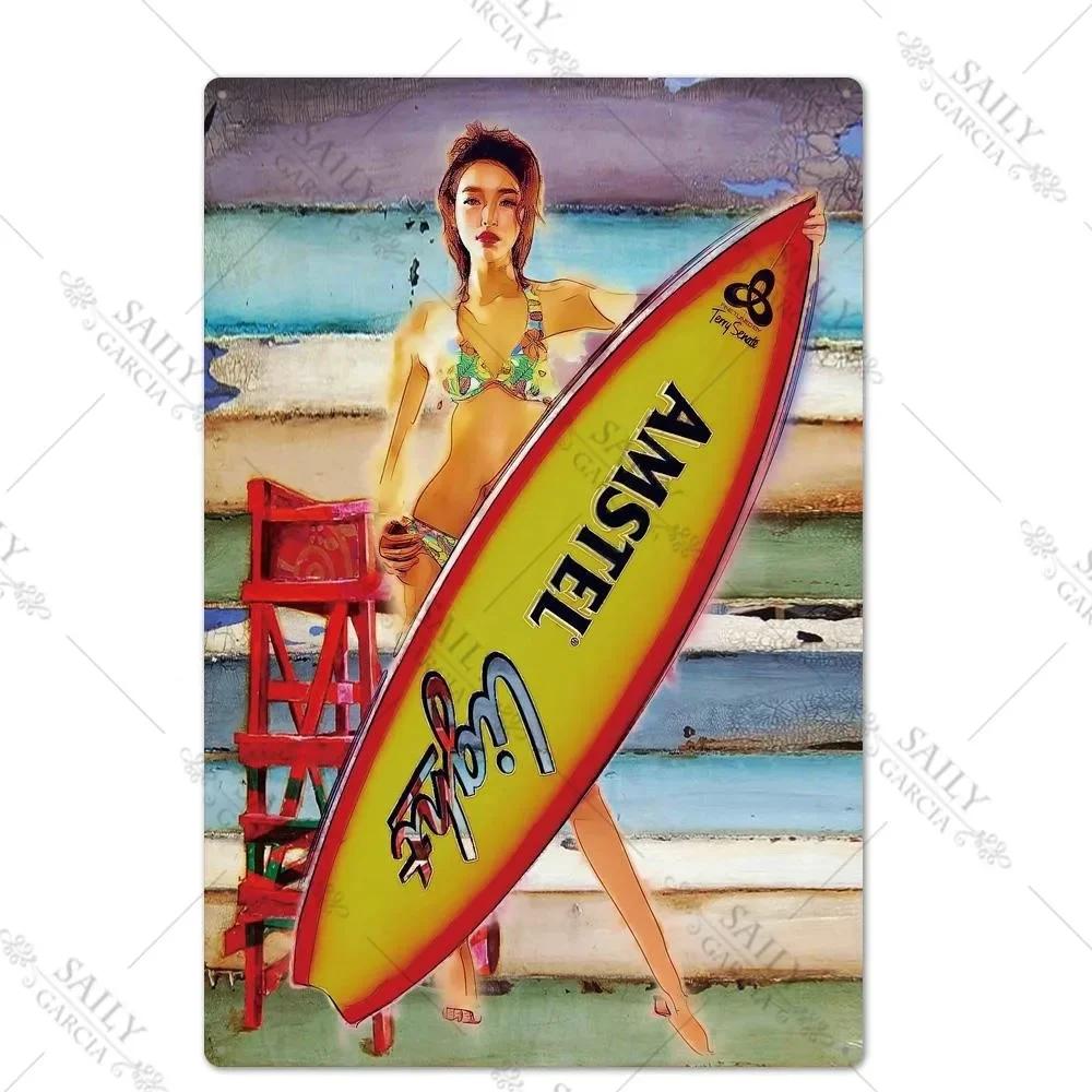 Vintage Surfing Girls Metal Sign Posters for Home Decor Fashion Art Wall Mural Bar Pub Sign Decor Metal Plate